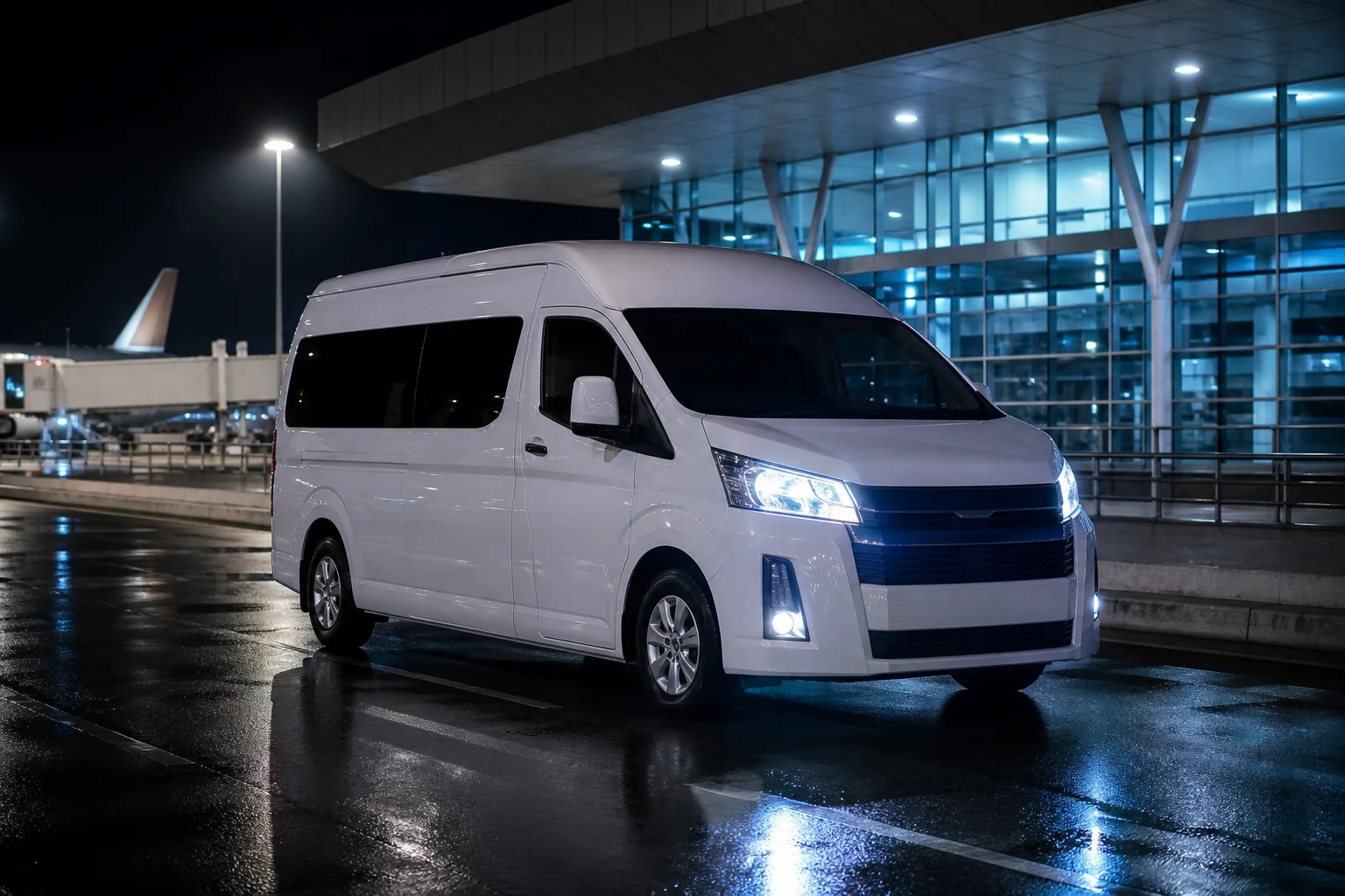 Van de techo alto en la banqueta de un aeropuerto de noche, lista para un traslado ejecutivo.