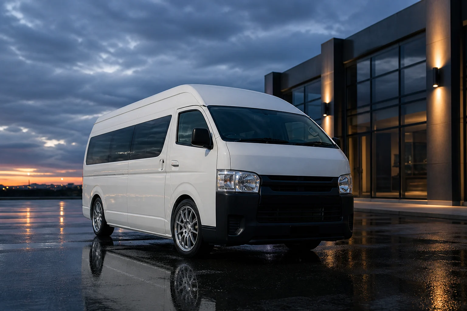 Van ejecutiva blanca de techo alto, clase Hiace, sobre asfalto mojado al anochecer.