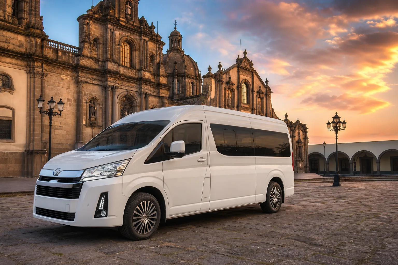 Van de turismo frente a una catedral colonial en plaza de Xalapa, al atardecer.
